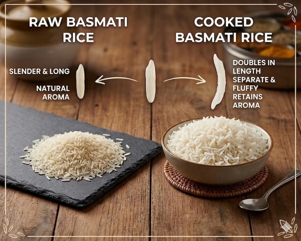 Basmati rice grains will expand to twice their original size when cooked